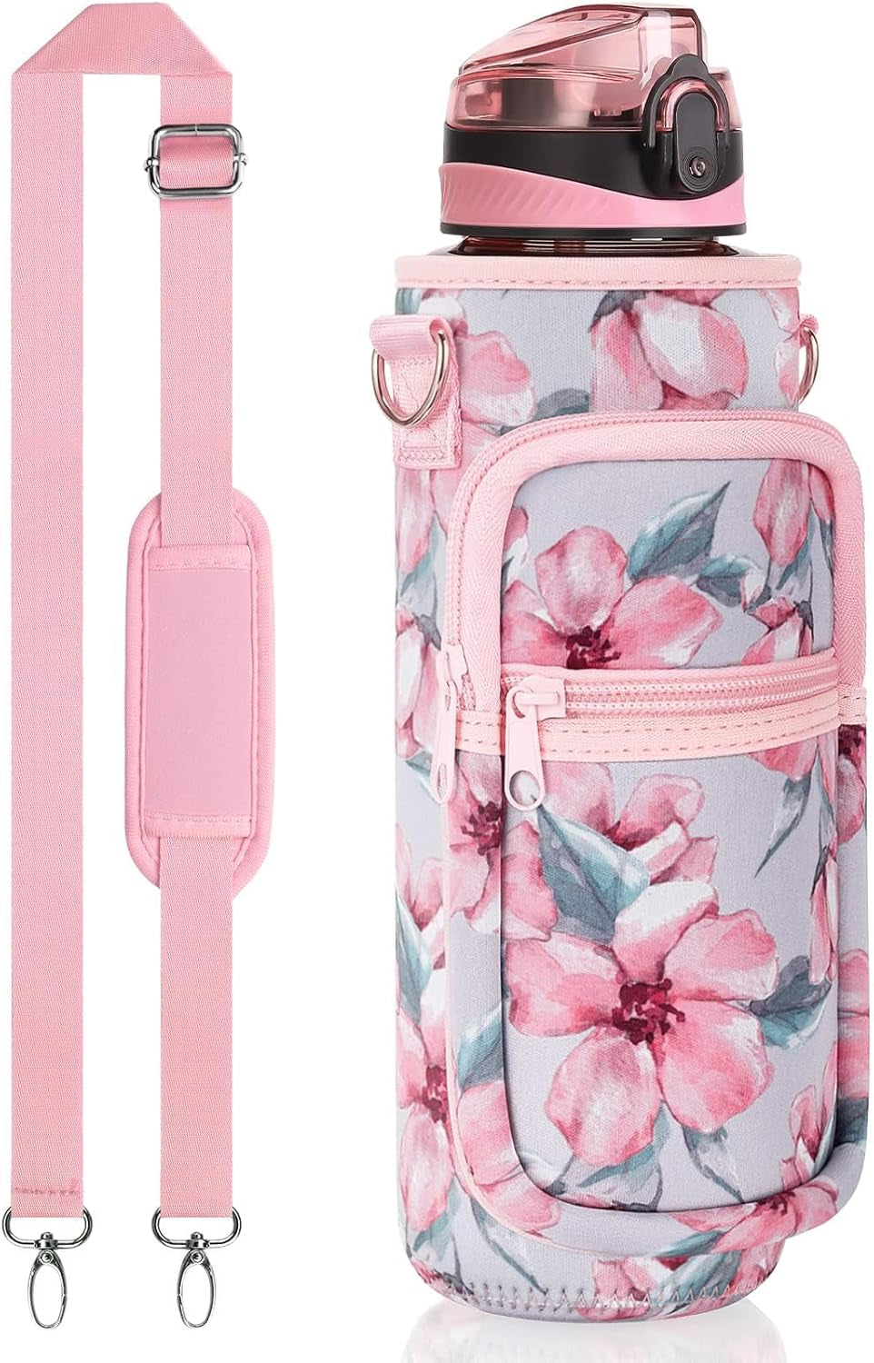 32 Oz Water Bottle with Sleeve - BPA Free Leakproof Sport Large 1L Plastic Motivational Water Bottle with Straw Strap & Insulated Neoprene Holder Carrier Bag Great Xmas Gift for Women Men