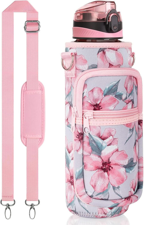 32 Oz Water Bottle with Sleeve - BPA Free Leakproof Sport Large 1L Plastic Motivational Water Bottle with Straw Strap & Insulated Neoprene Holder Carrier Bag Great Xmas Gift for Women Men