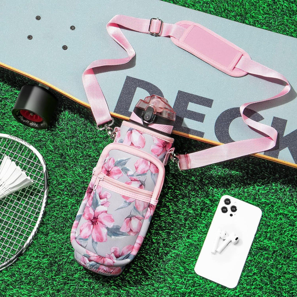 32 Oz Water Bottle with Sleeve - BPA Free Leakproof Sport Large 1L Plastic Motivational Water Bottle with Straw Strap & Insulated Neoprene Holder Carrier Bag Great Xmas Gift for Women Men