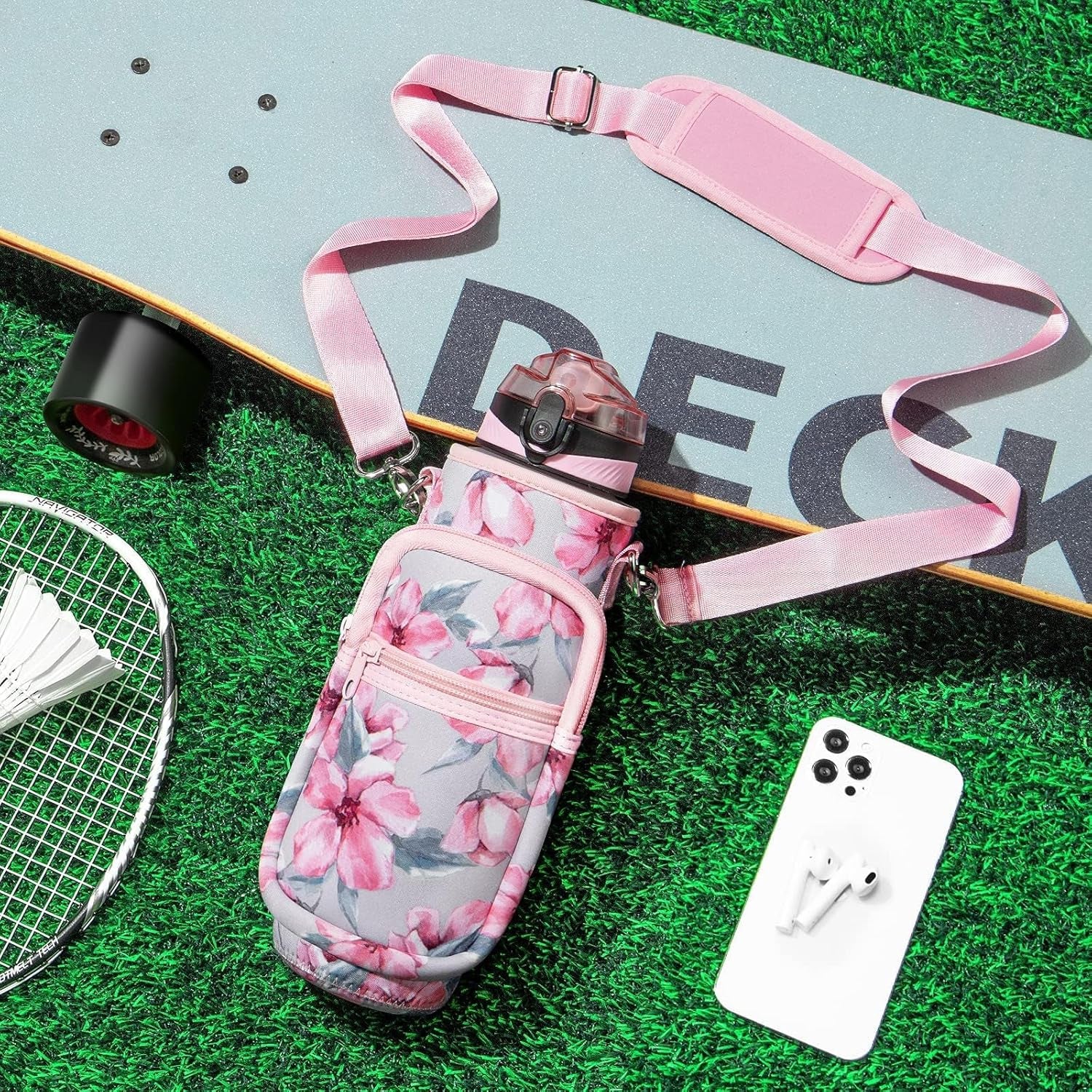 32 Oz Water Bottle with Sleeve - BPA Free Leakproof Sport Large 1L Plastic Motivational Water Bottle with Straw Strap & Insulated Neoprene Holder Carrier Bag Great Xmas Gift for Women Men