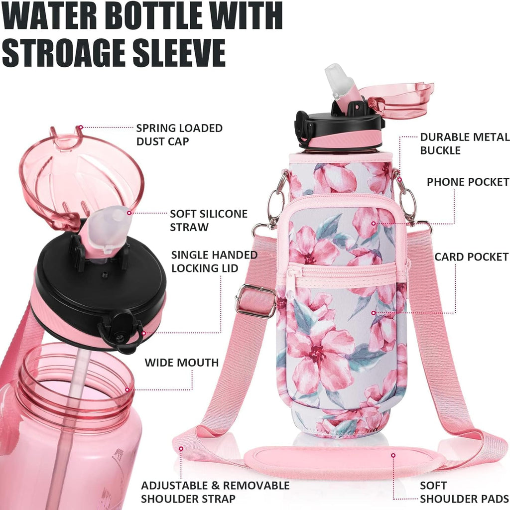 32 Oz Water Bottle with Sleeve - BPA Free Leakproof Sport Large 1L Plastic Motivational Water Bottle with Straw Strap & Insulated Neoprene Holder Carrier Bag Great Xmas Gift for Women Men