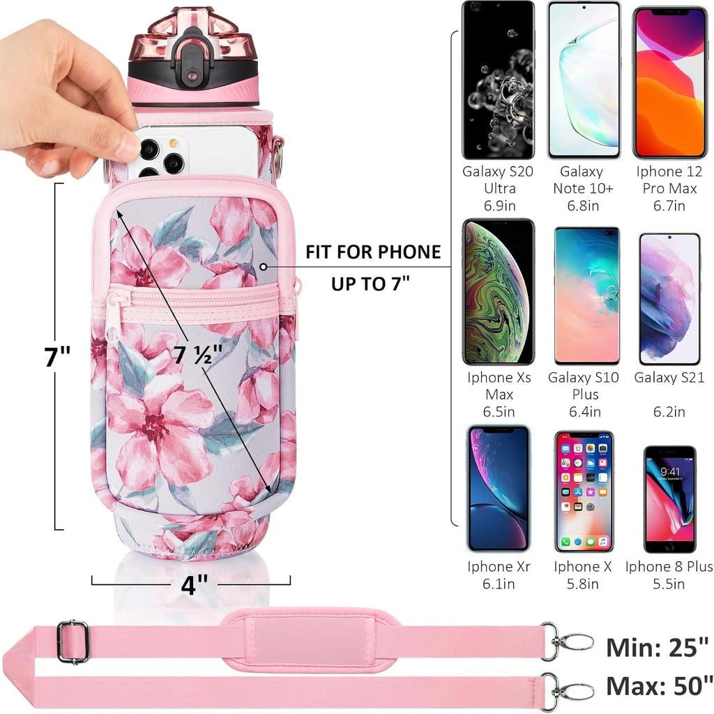 32 Oz Water Bottle with Sleeve - BPA Free Leakproof Sport Large 1L Plastic Motivational Water Bottle with Straw Strap & Insulated Neoprene Holder Carrier Bag Great Xmas Gift for Women Men