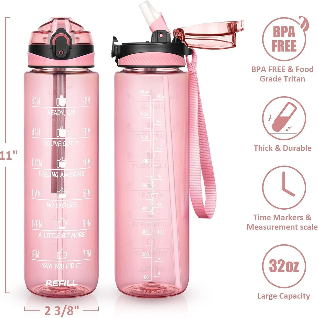 32 Oz Water Bottle with Sleeve - BPA Free Leakproof Sport Large 1L Plastic Motivational Water Bottle with Straw Strap & Insulated Neoprene Holder Carrier Bag Great Xmas Gift for Women Men