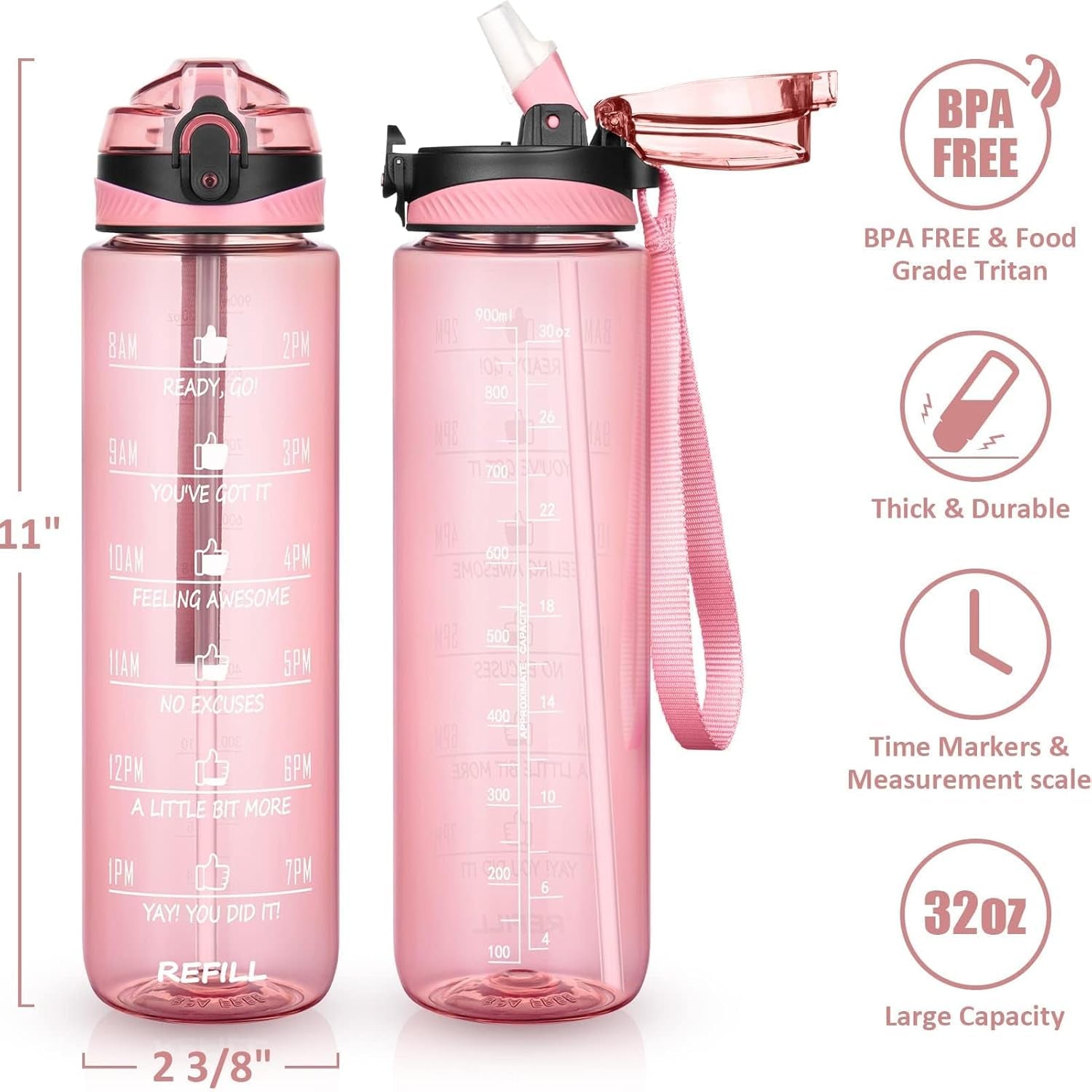 32 Oz Water Bottle with Sleeve - BPA Free Leakproof Sport Large 1L Plastic Motivational Water Bottle with Straw Strap & Insulated Neoprene Holder Carrier Bag Great Xmas Gift for Women Men