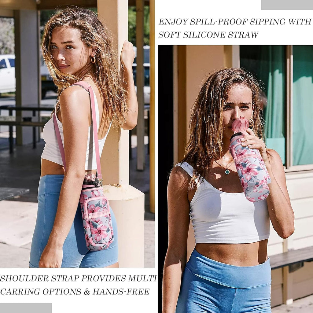 32 Oz Water Bottle with Sleeve - BPA Free Leakproof Sport Large 1L Plastic Motivational Water Bottle with Straw Strap & Insulated Neoprene Holder Carrier Bag Great Xmas Gift for Women Men